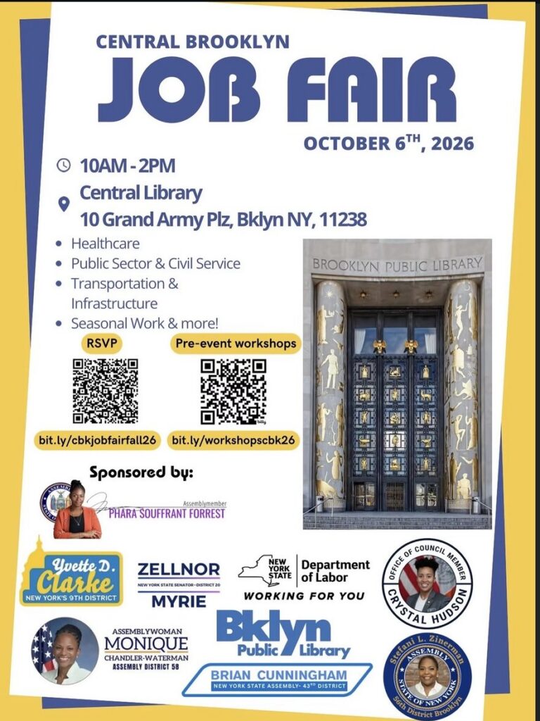 Central Brooklyn Job Fair flyer, October 6, 2026, 10AM to 2PM, Central Library, 10 Grand Army Plaza
