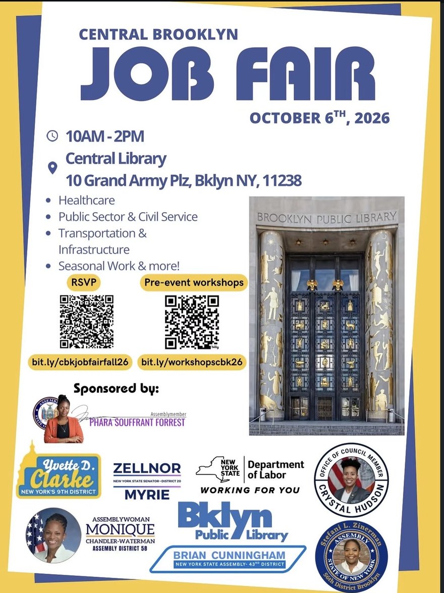 Central Brooklyn Job Fair flyer, October 6, 2026, 10AM to 2PM, Central Library, 10 Grand Army Plaza