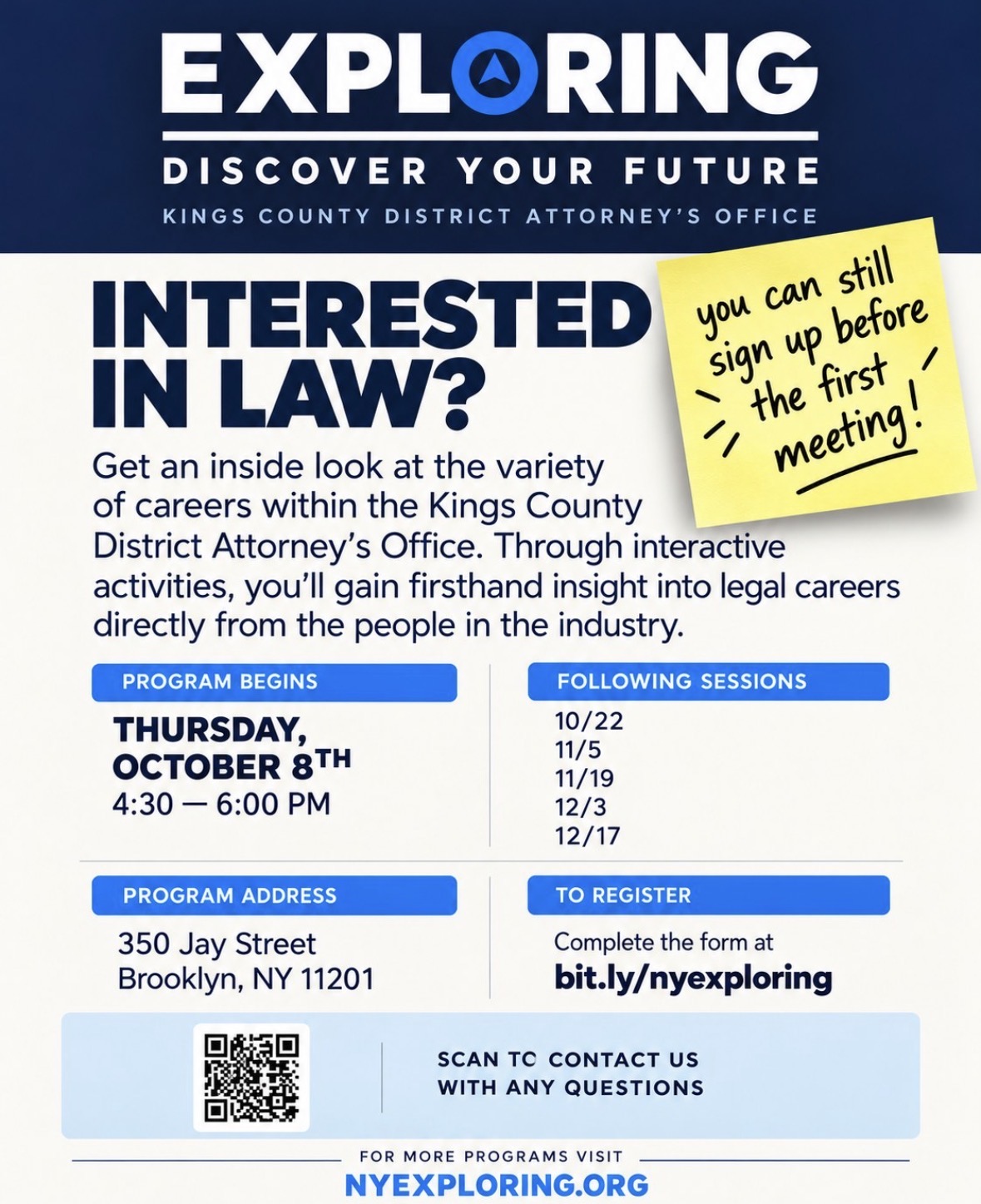 Kings County DA Exploring program, October 8 flyer