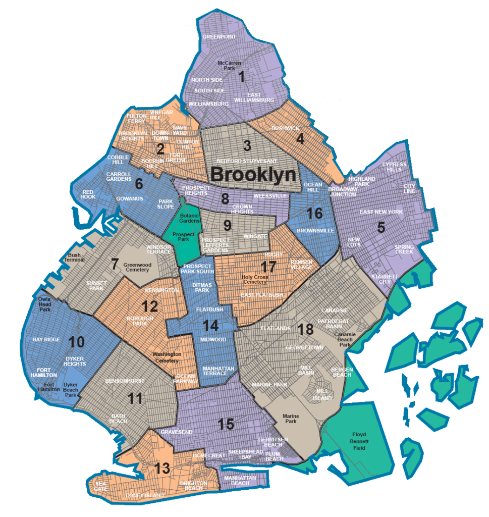 This is a map of all Brooklyn community boards, with a few highlighted ...